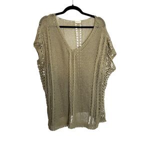 POL Olive Green Open Knit Sheer Short Sleeve Top Shirt Blouse Size Large